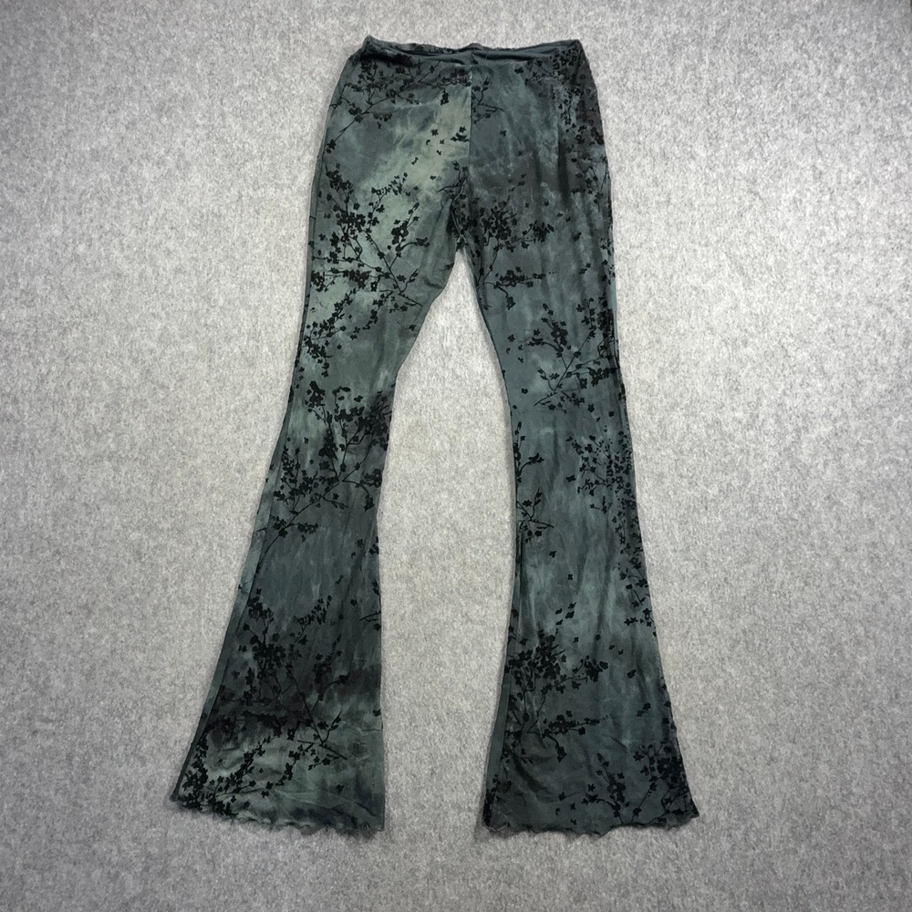 Zara Womens Dark Green Tie Dye Floral Flocked Mesh Flare Pants NWT Size L